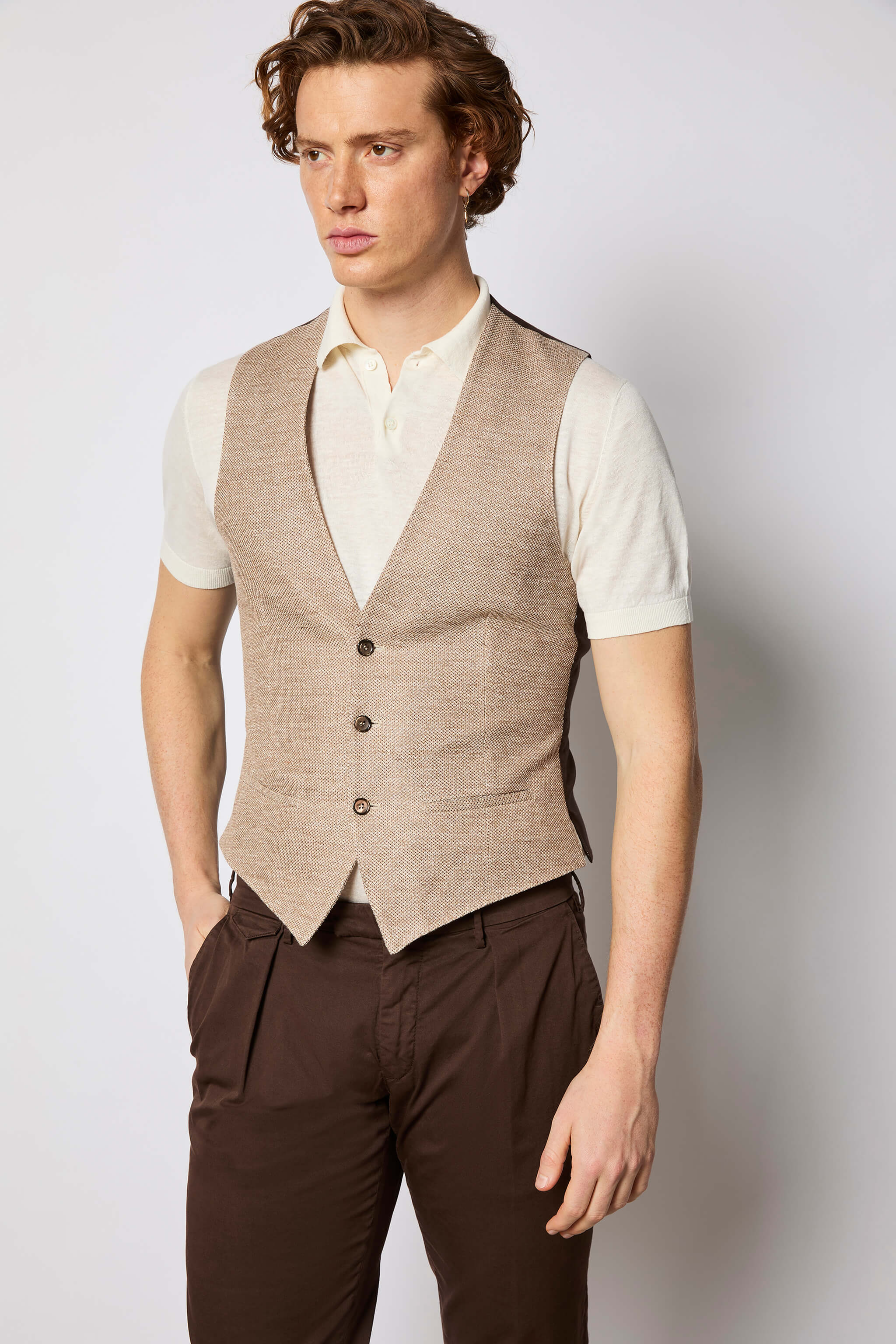 Single-breasted jersey vest - beige
