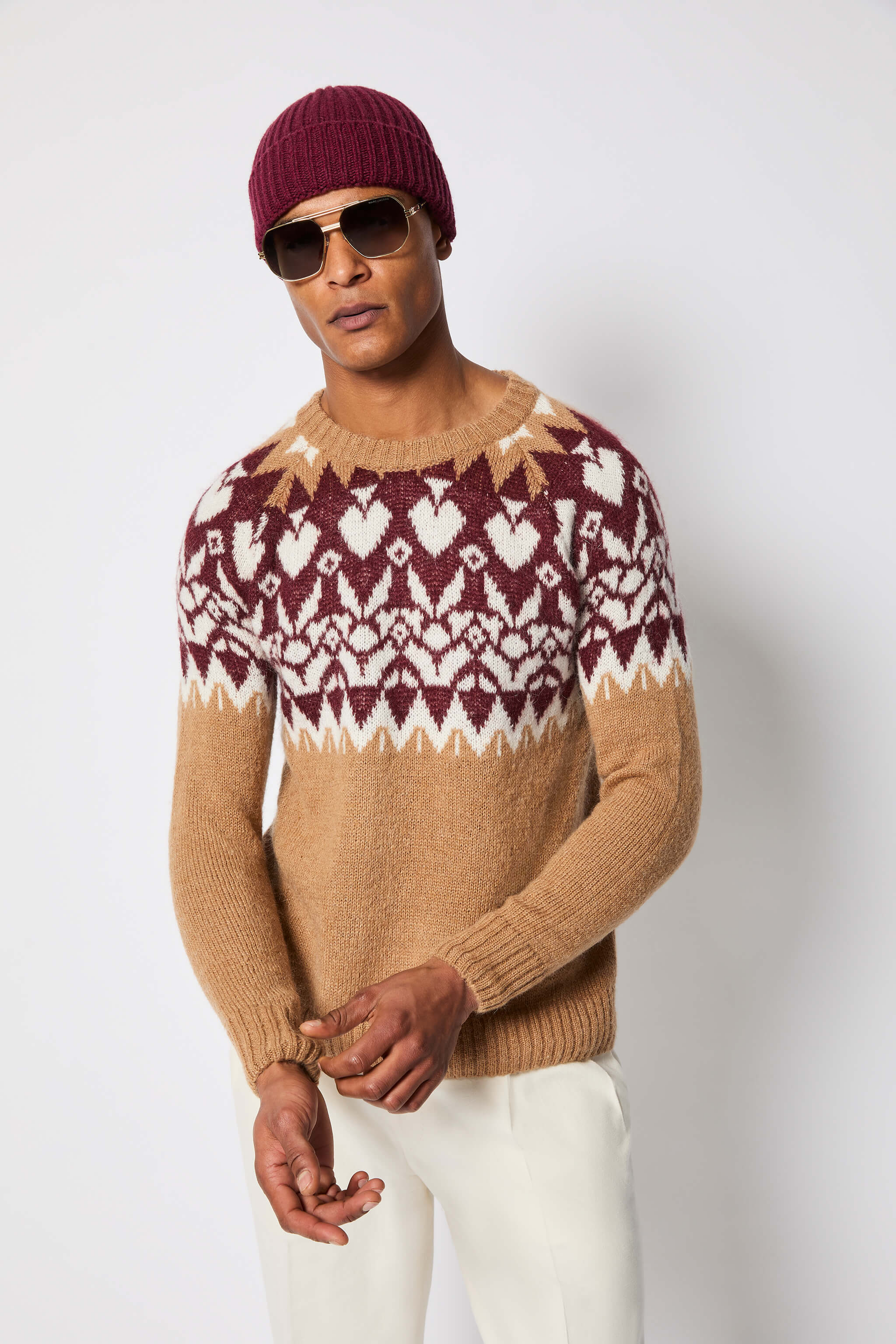 Nordic-pattern crewneck sweater in camel brown
