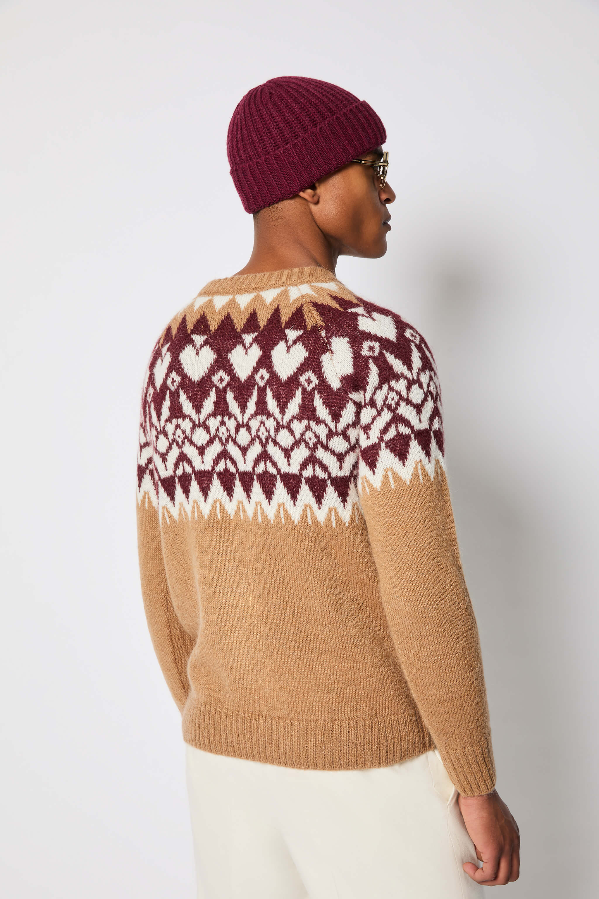 Nordic-pattern crewneck sweater in camel brown