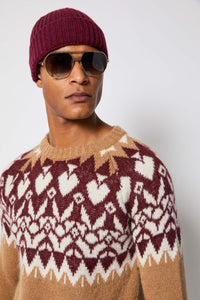 Nordic-pattern crewneck sweater in camel brown beige