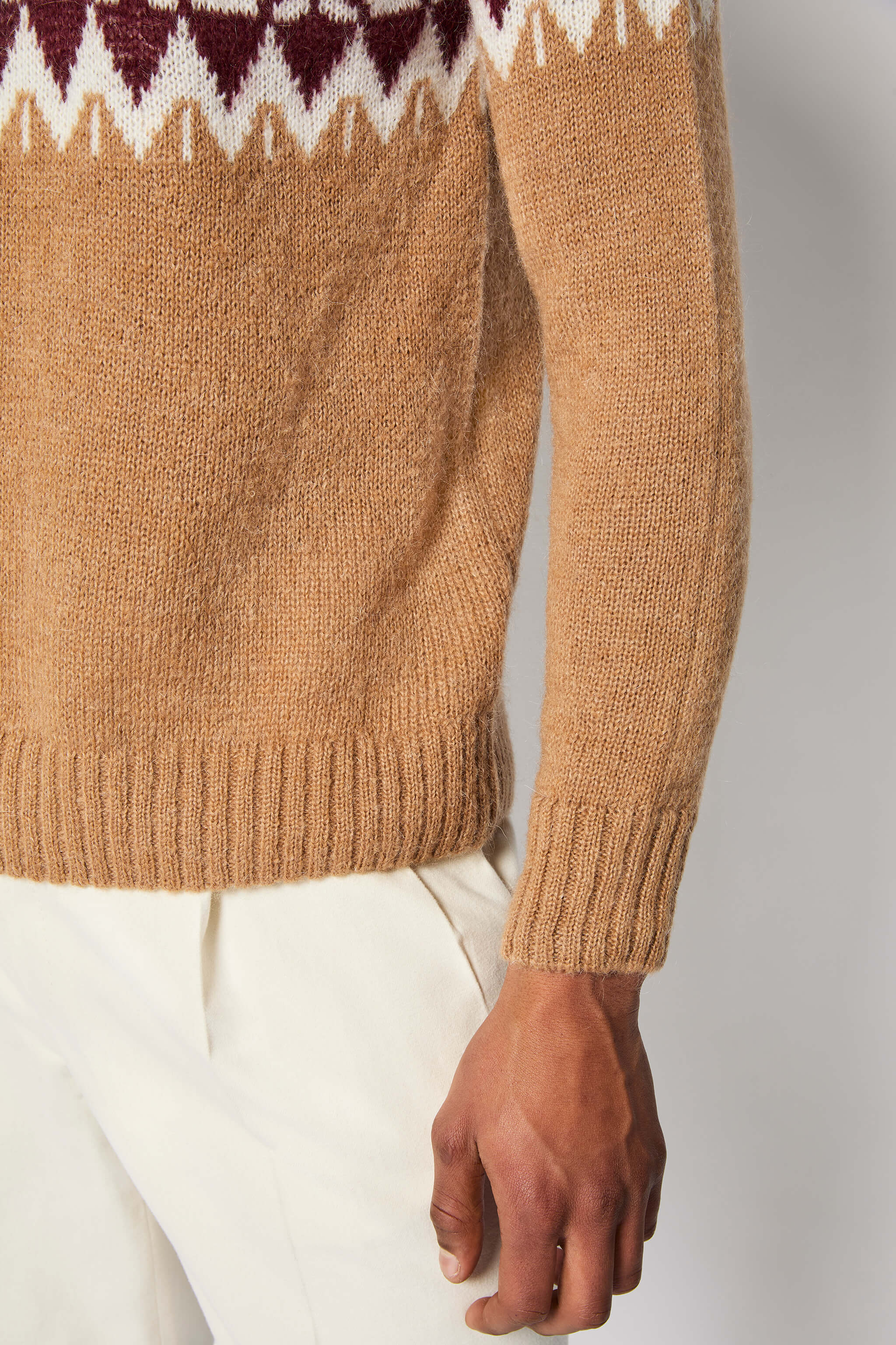 Nordic-pattern crewneck sweater in camel brown