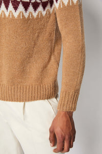 Nordic-pattern crewneck sweater in camel brown beige