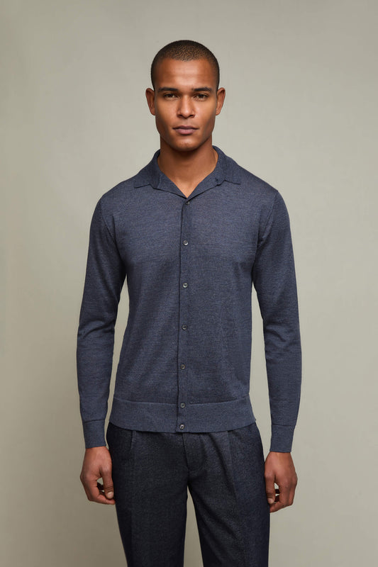 Maglia camicia in lana blu mélange