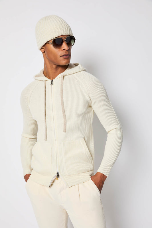 Felpa in maglia con zip e cappuccio bianca