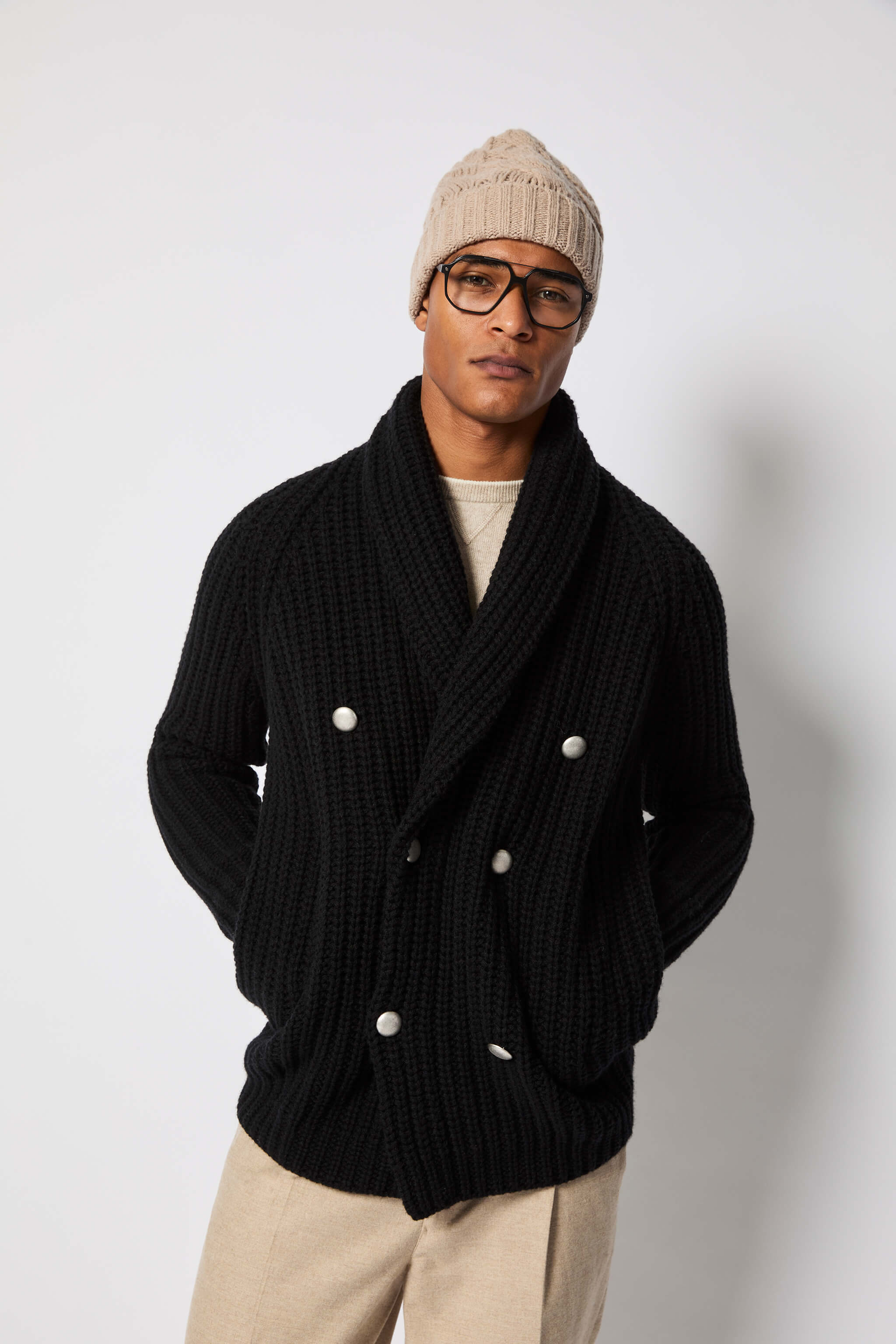 Black wool double-breasted cardigan