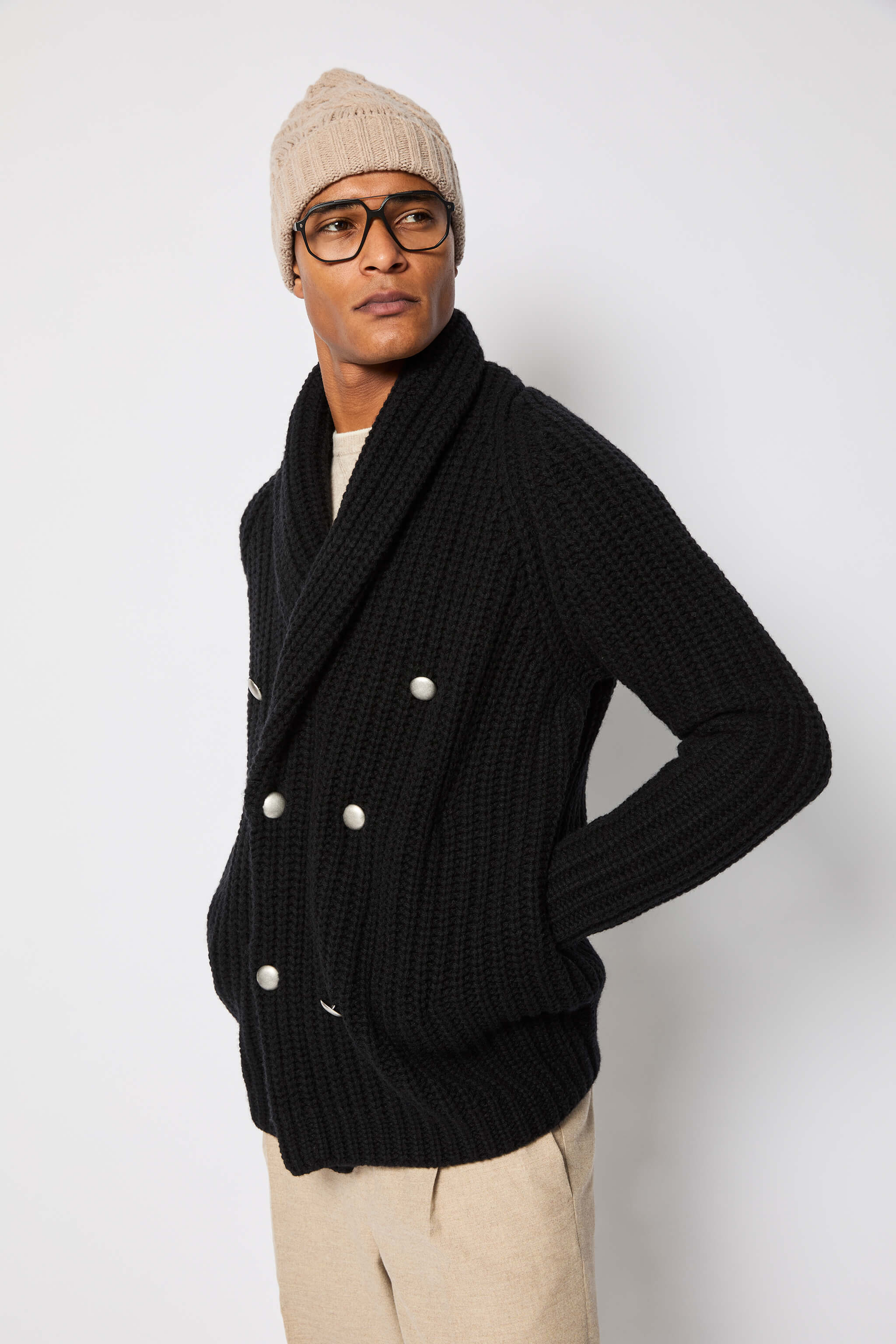 Black wool double-breasted cardigan