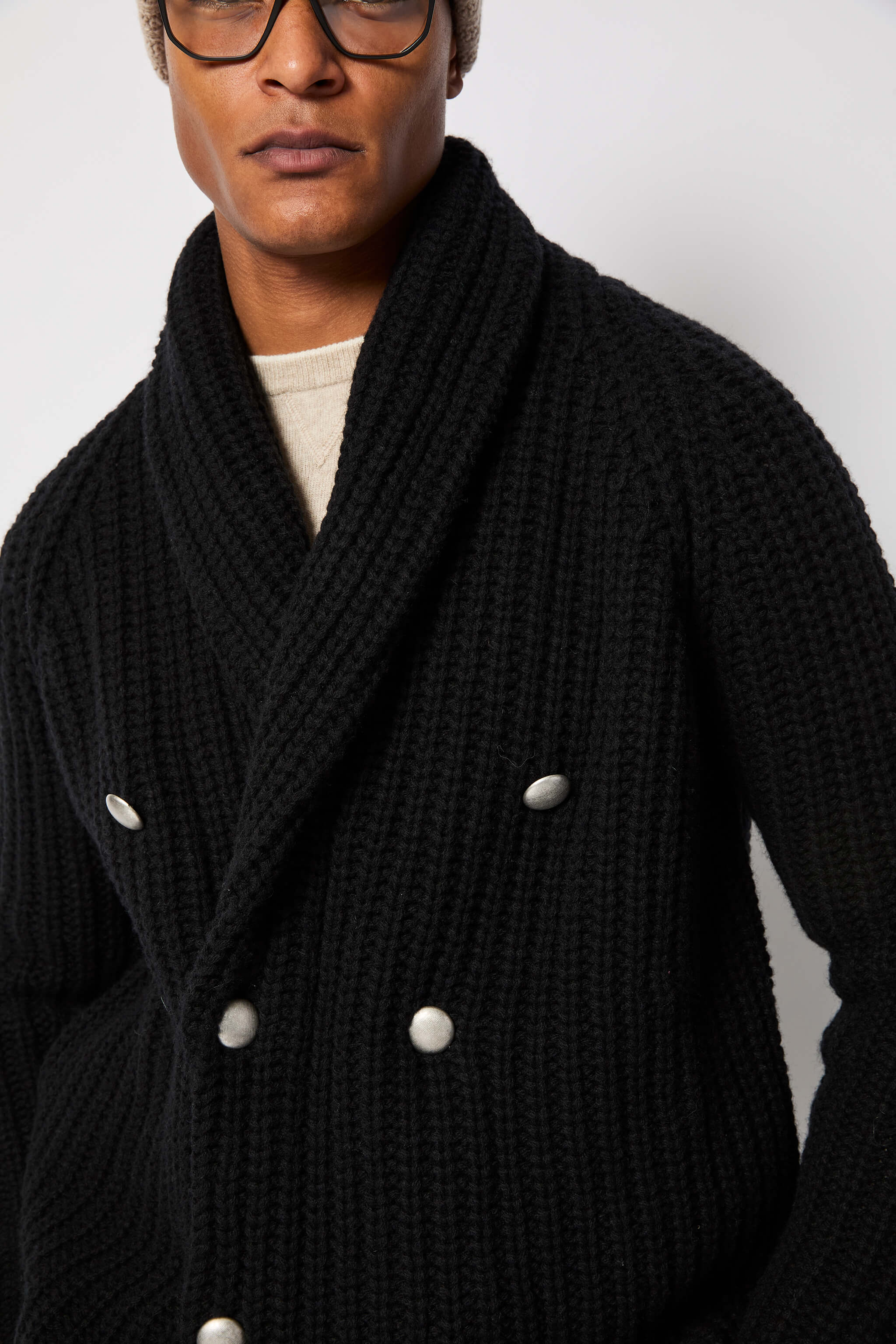 Black wool double-breasted cardigan