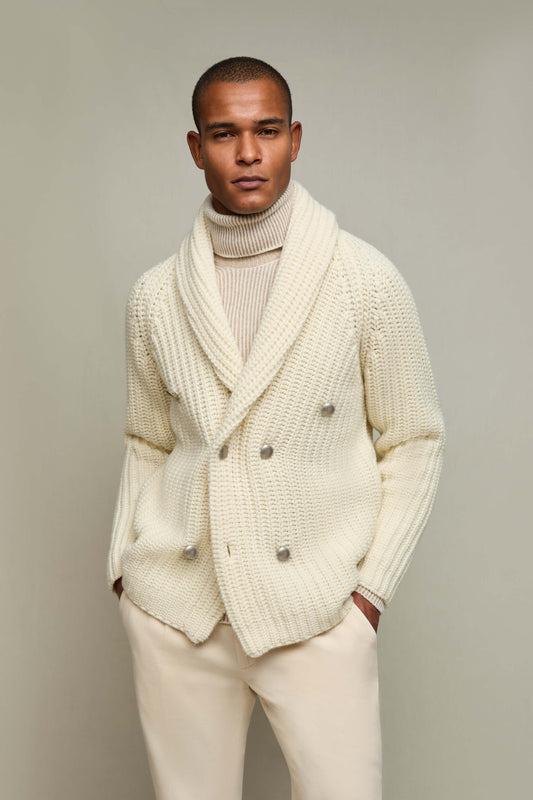 Double-breasted wool cardigan in ivory