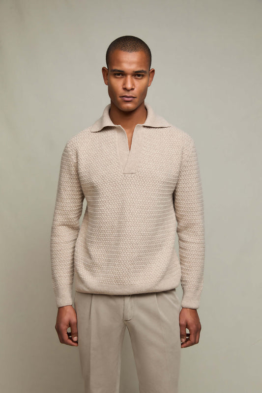 Waffle-knit polo sweater in ivory