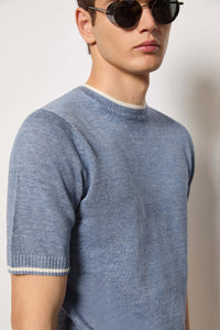 Maglia manica corta in lino azzurra azzurro