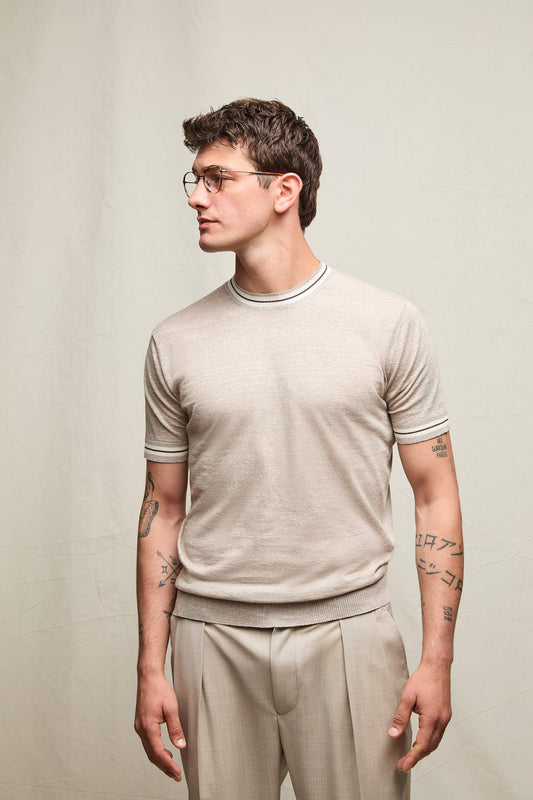 Linen/cotton short-sleeved sweater in beige