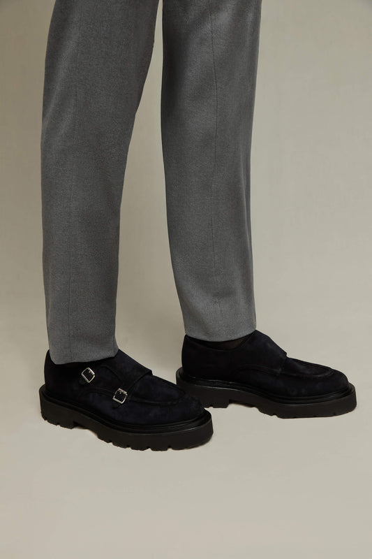 Midnight-blue suede monk strap shoes