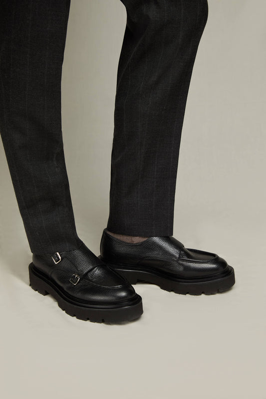 Pebbled leather monk strap shoes in black