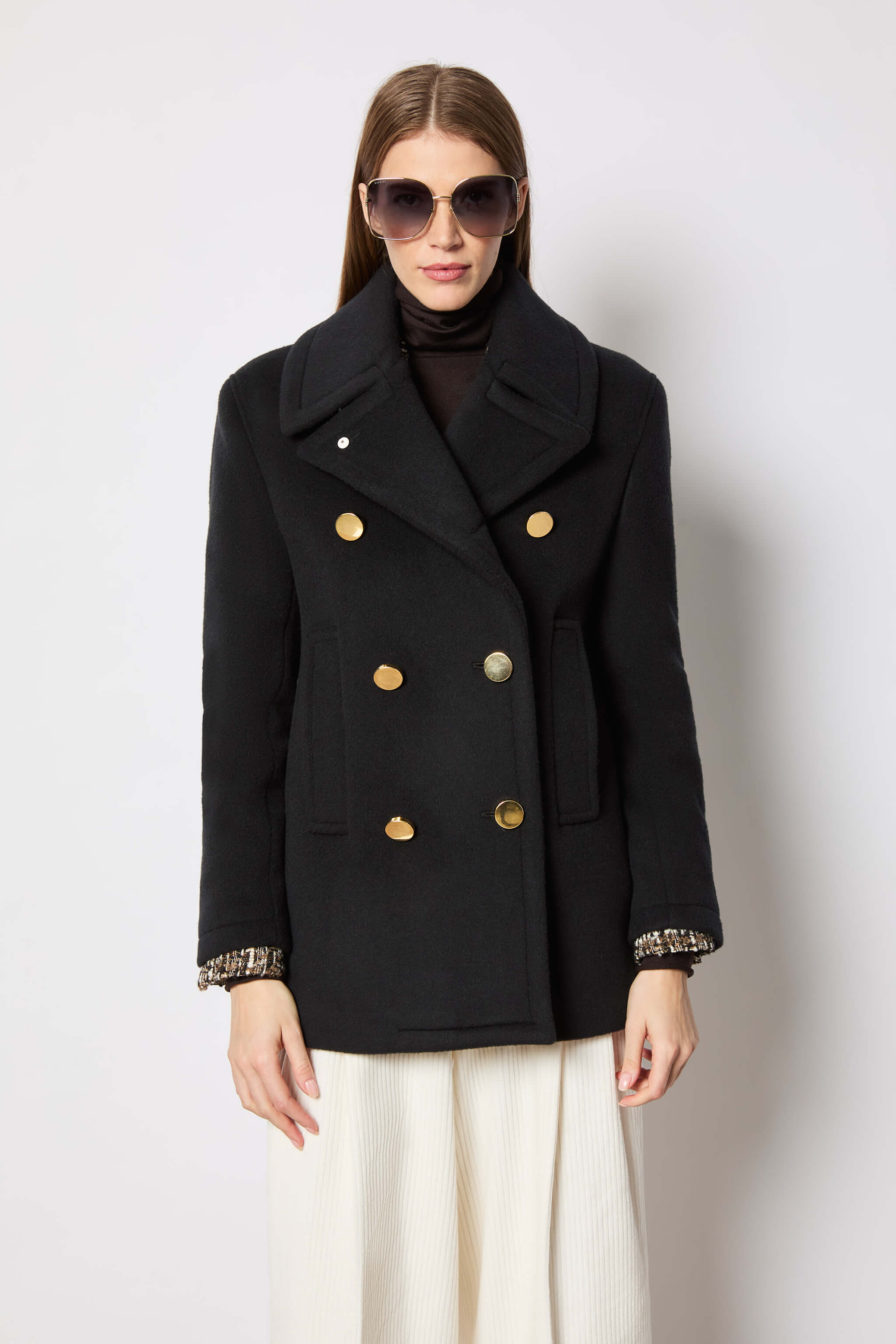 Black double-breasted peacoat