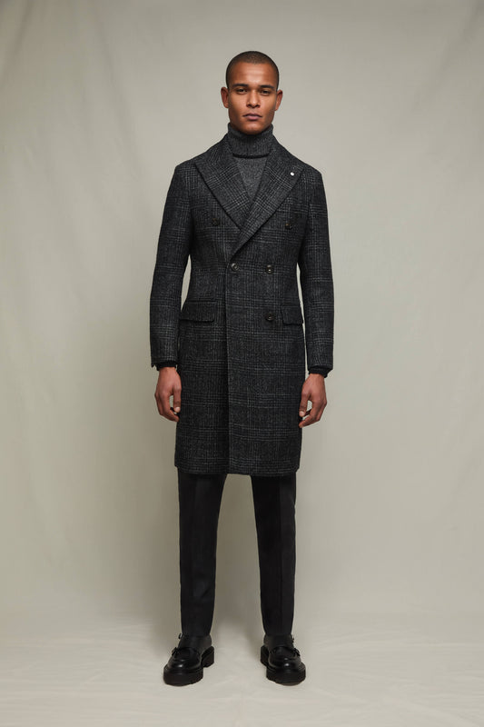 Dark-gray check double-breasted overcoat