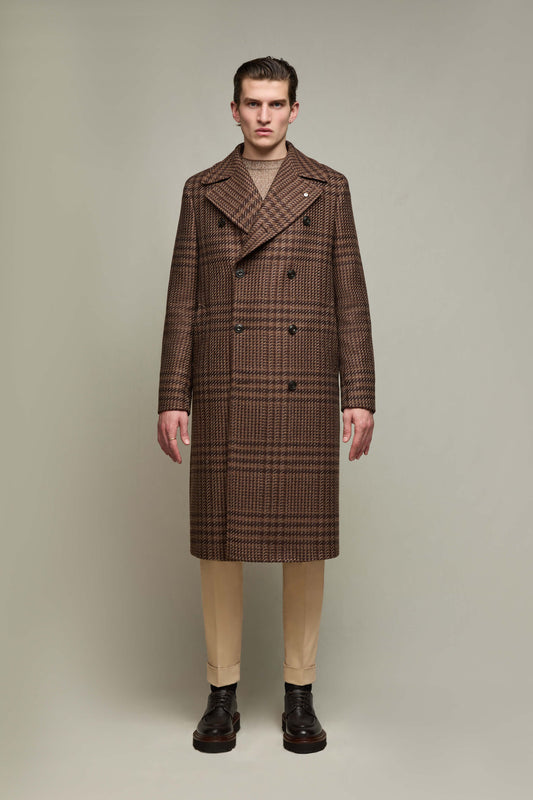 Double-breasted check wool-cashmere overcoat
