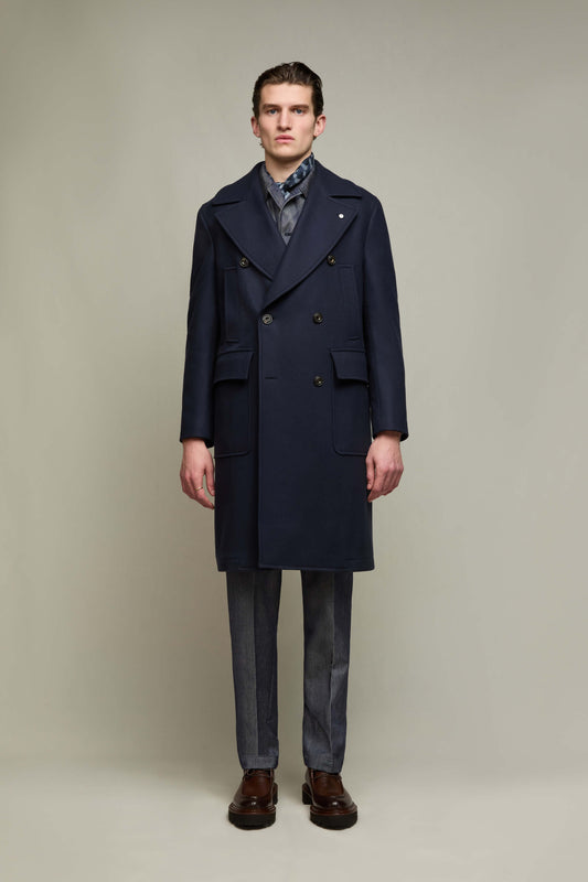 Double-breasted wool-cashmere overcoat in blue