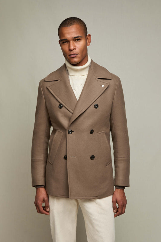 Wool double-breasted peacoat in mud gray