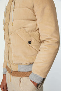 Hooded padded suede bomber jacket in hazelnut | L.B.M. 1911
