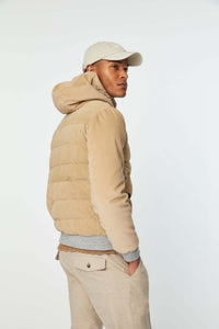 Hooded padded suede bomber jacket in hazelnut | L.B.M. 1911