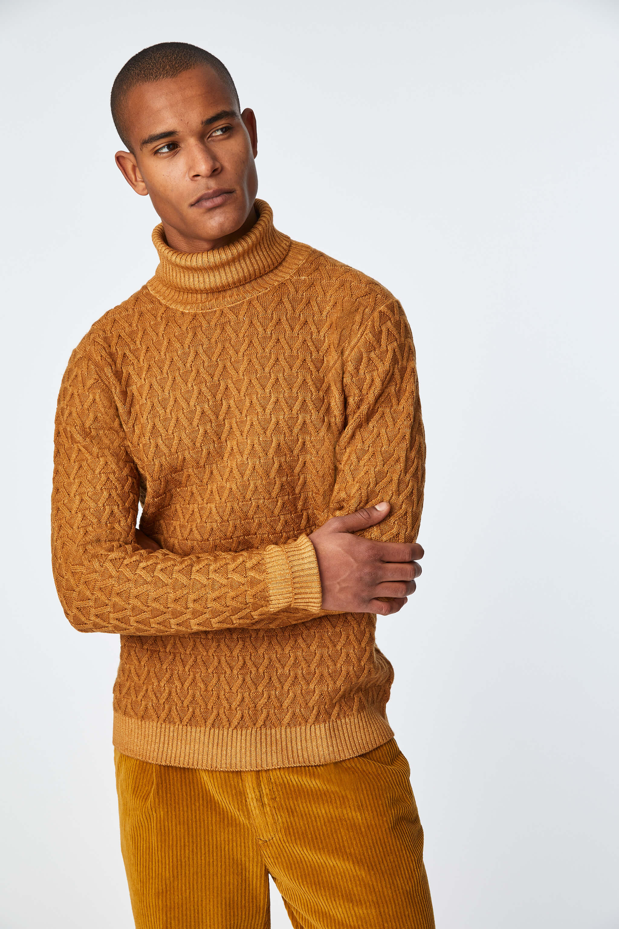 Garment-dyed turtleneck in yellow ochre