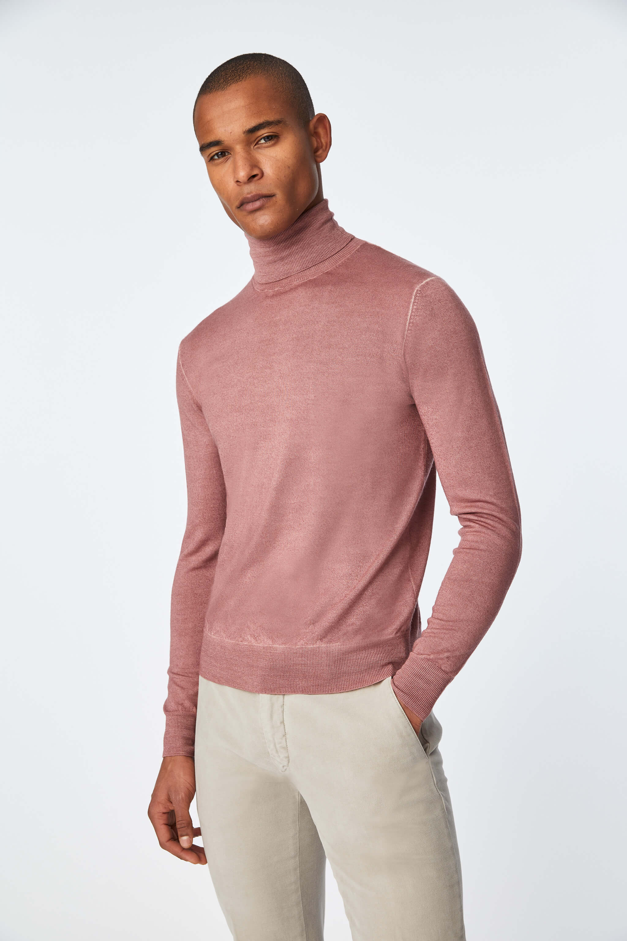 Garment-dyed pink turtleneck