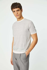 Linen and cotton stripe t-shirt in gray light grey