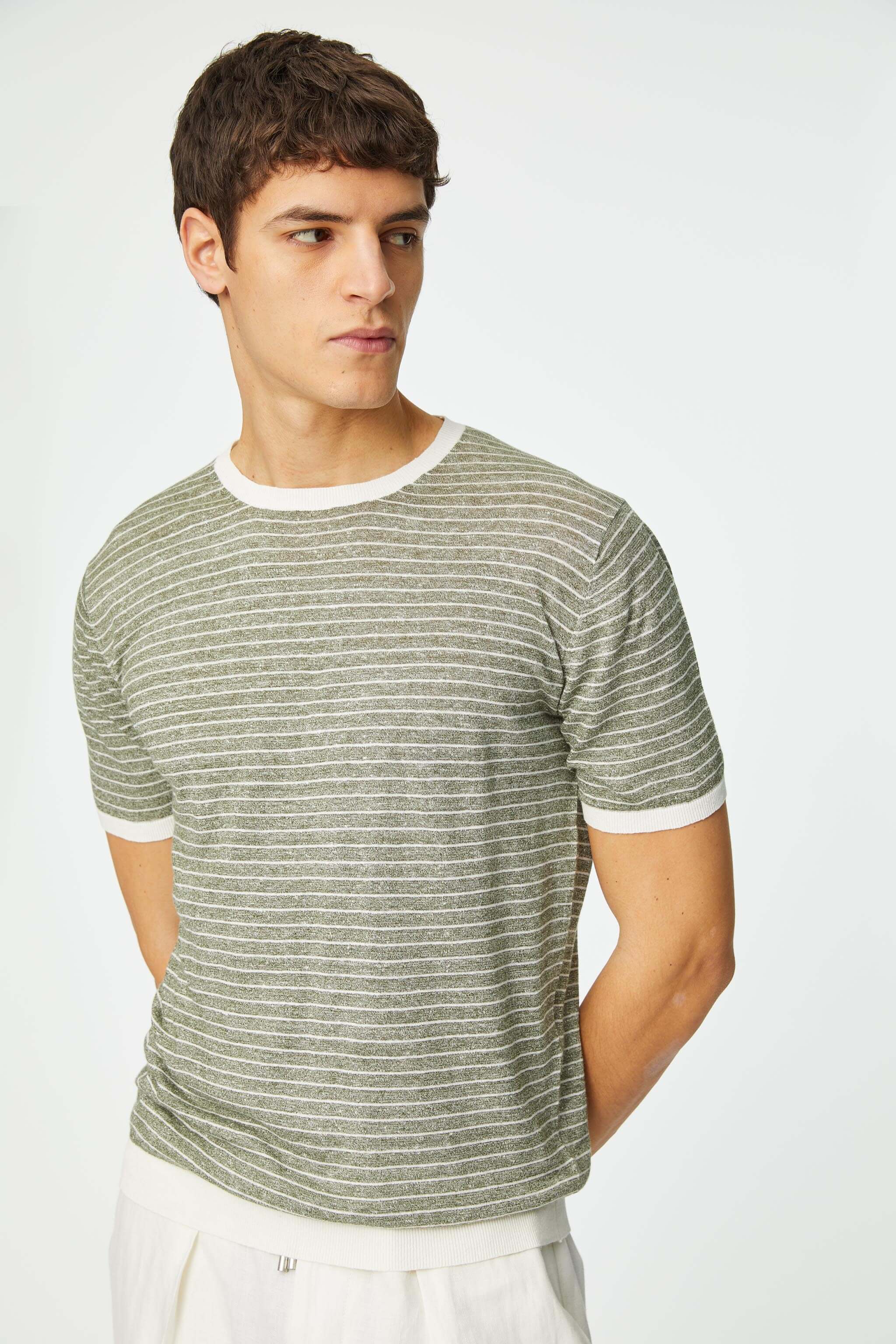 Stripe linen and cotton T-shirt in sage
