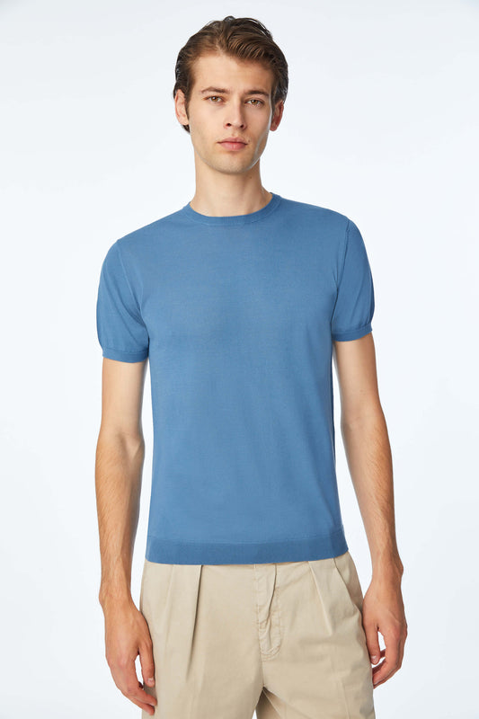 Short-sleeve cotton shirt in Light Blue