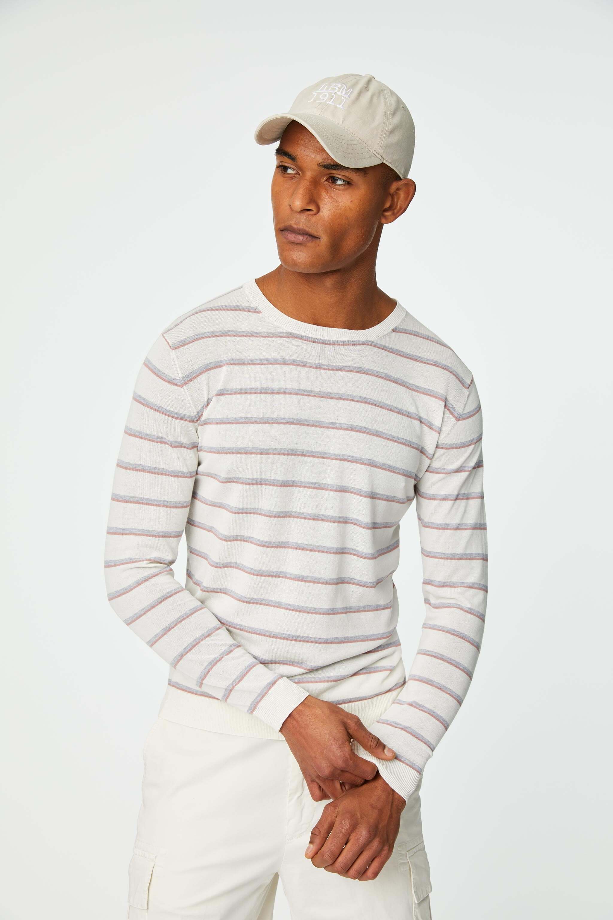 Long-sleeve milky white stripe cotton shirt