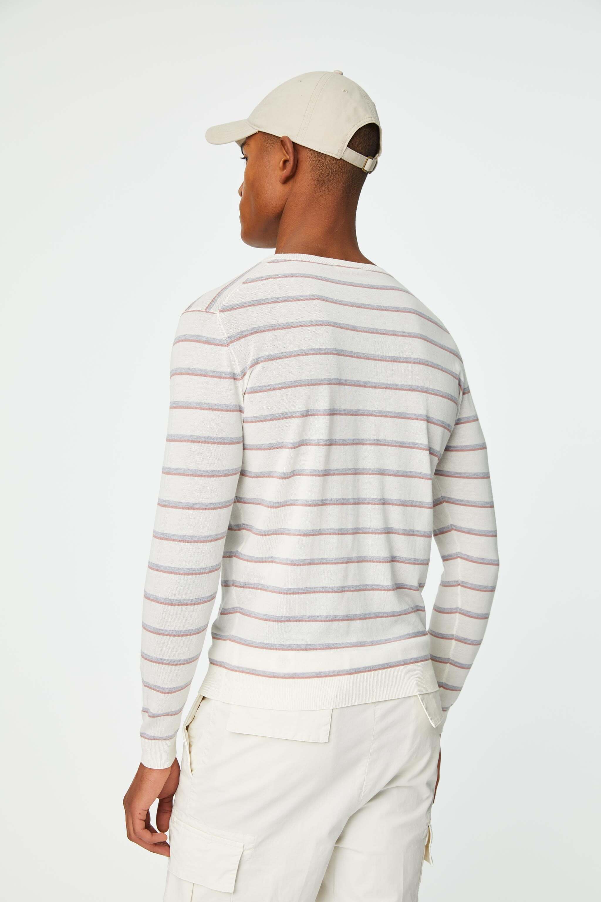 Long-sleeve milky white stripe cotton shirt
