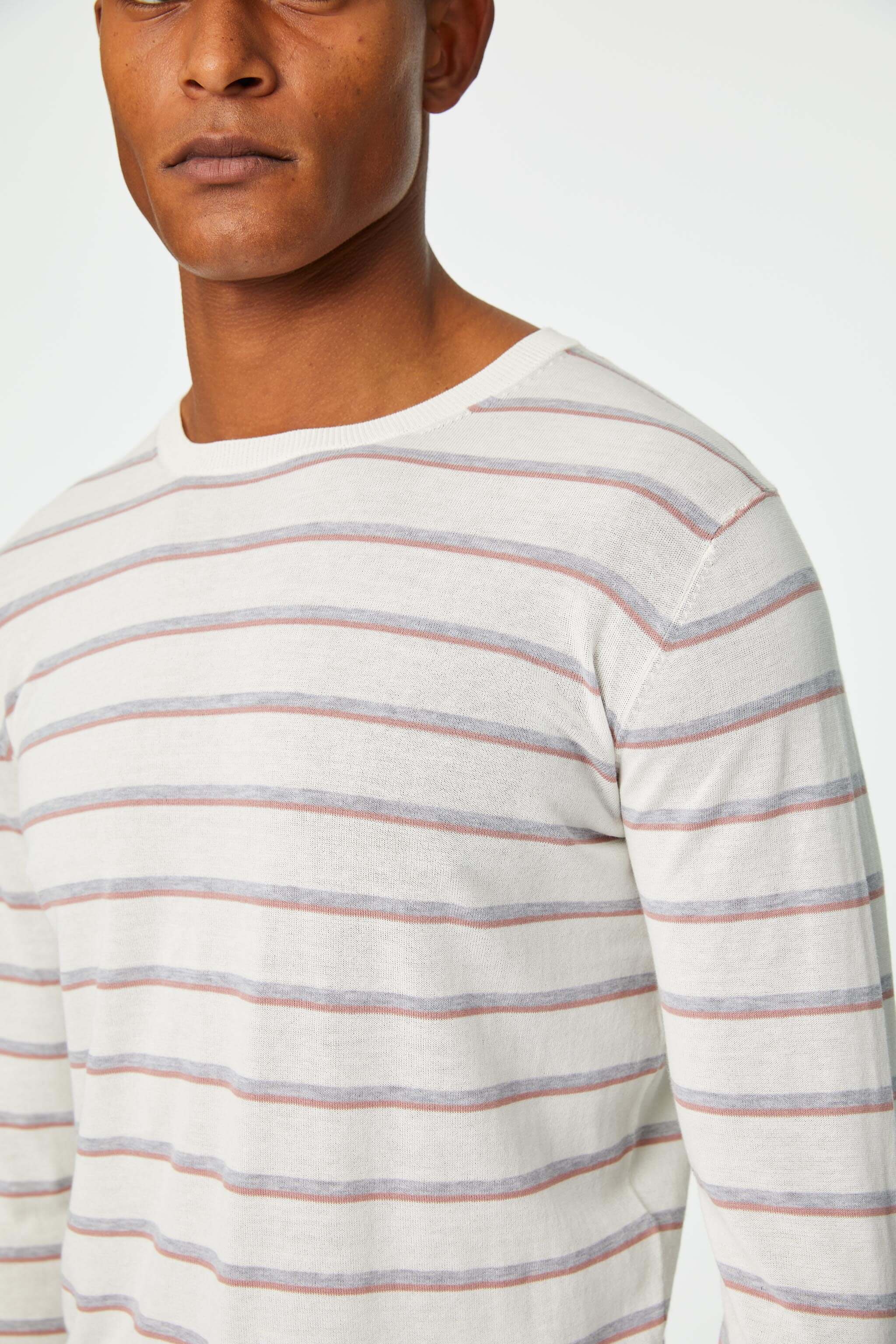 Long-sleeve milky white stripe cotton shirt