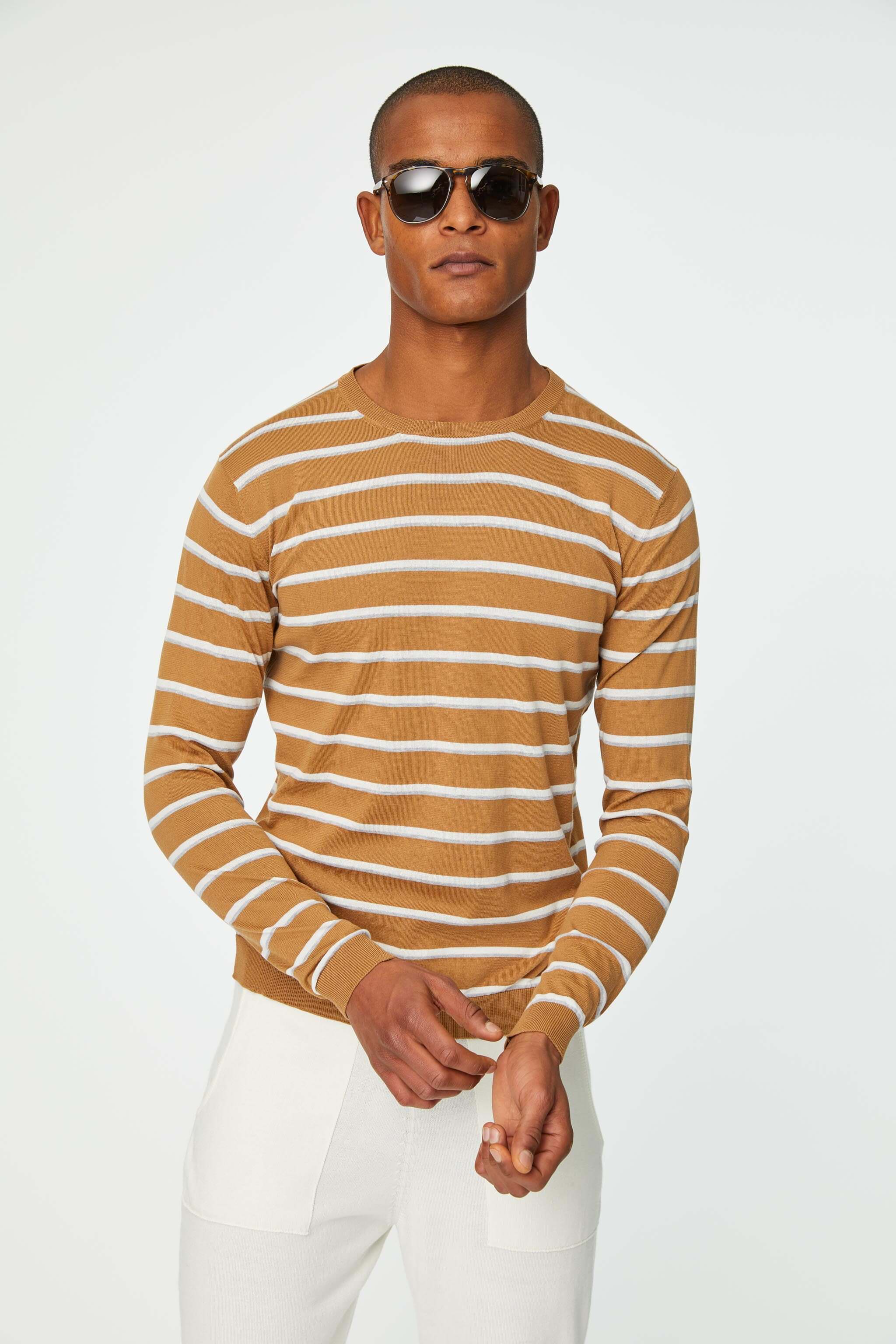 Long-sleeve camel shirt in striped cotton