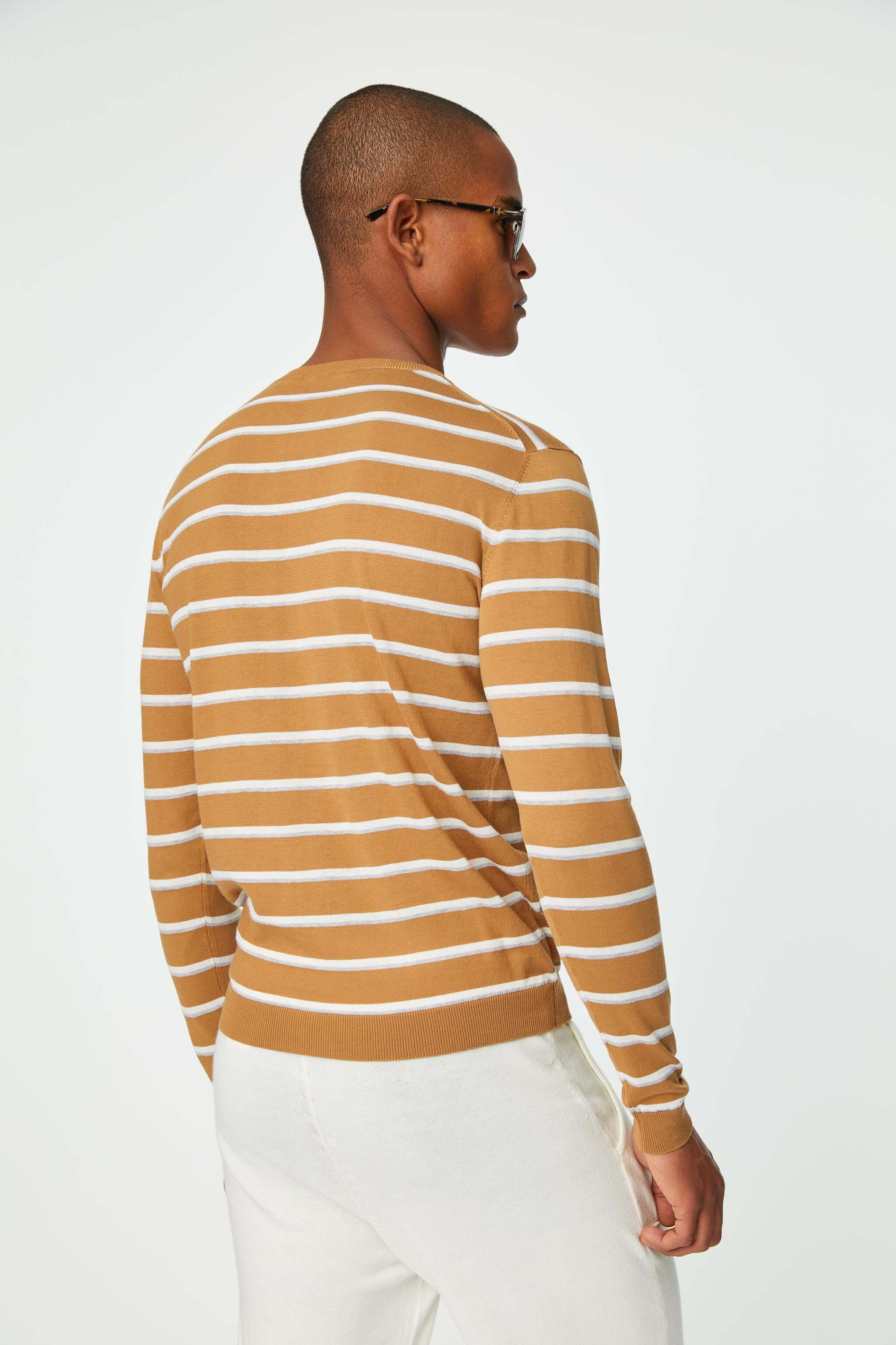 Long-sleeve camel shirt in striped cotton