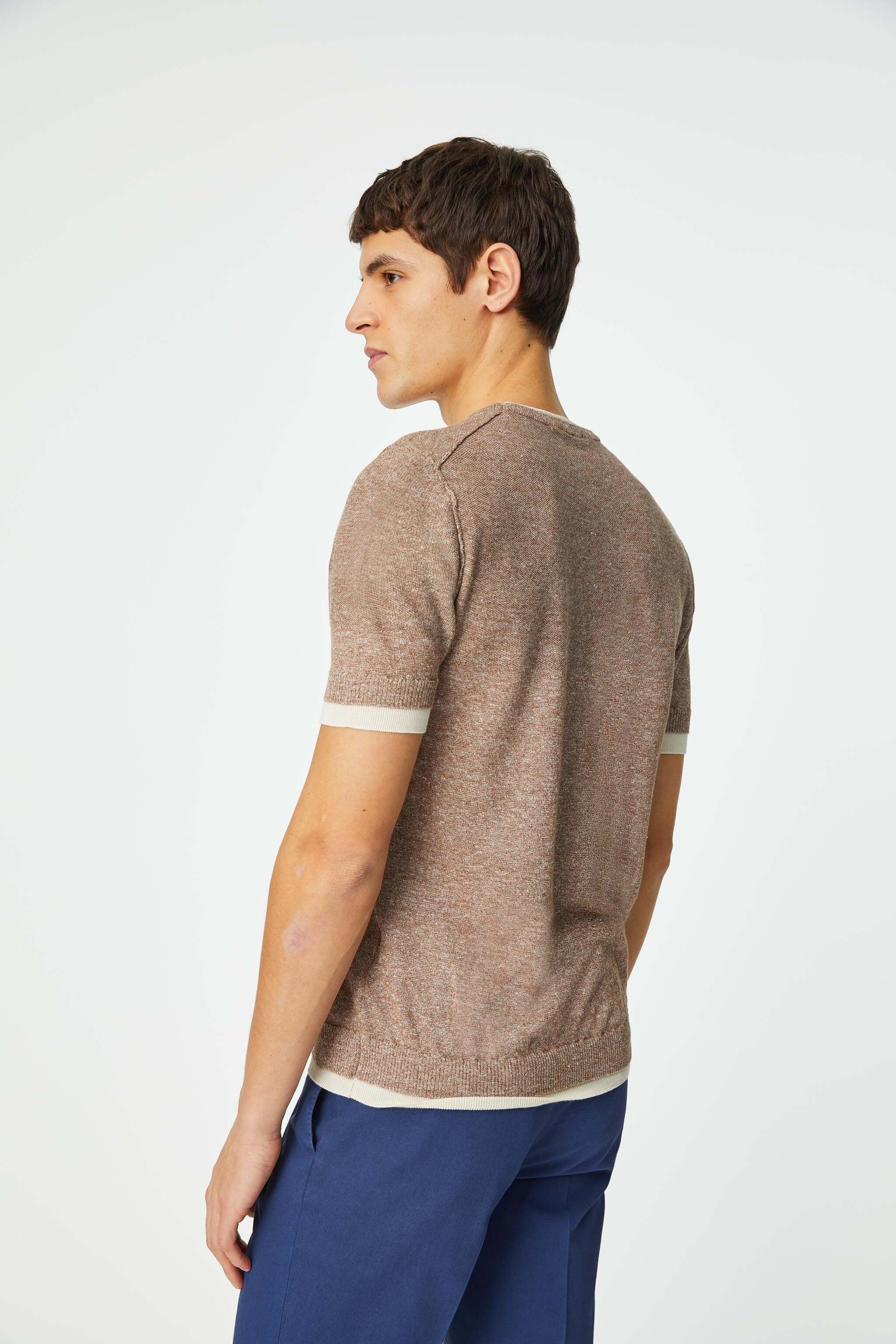 Linen and cotton hazelnut T-shirt with contrast detail