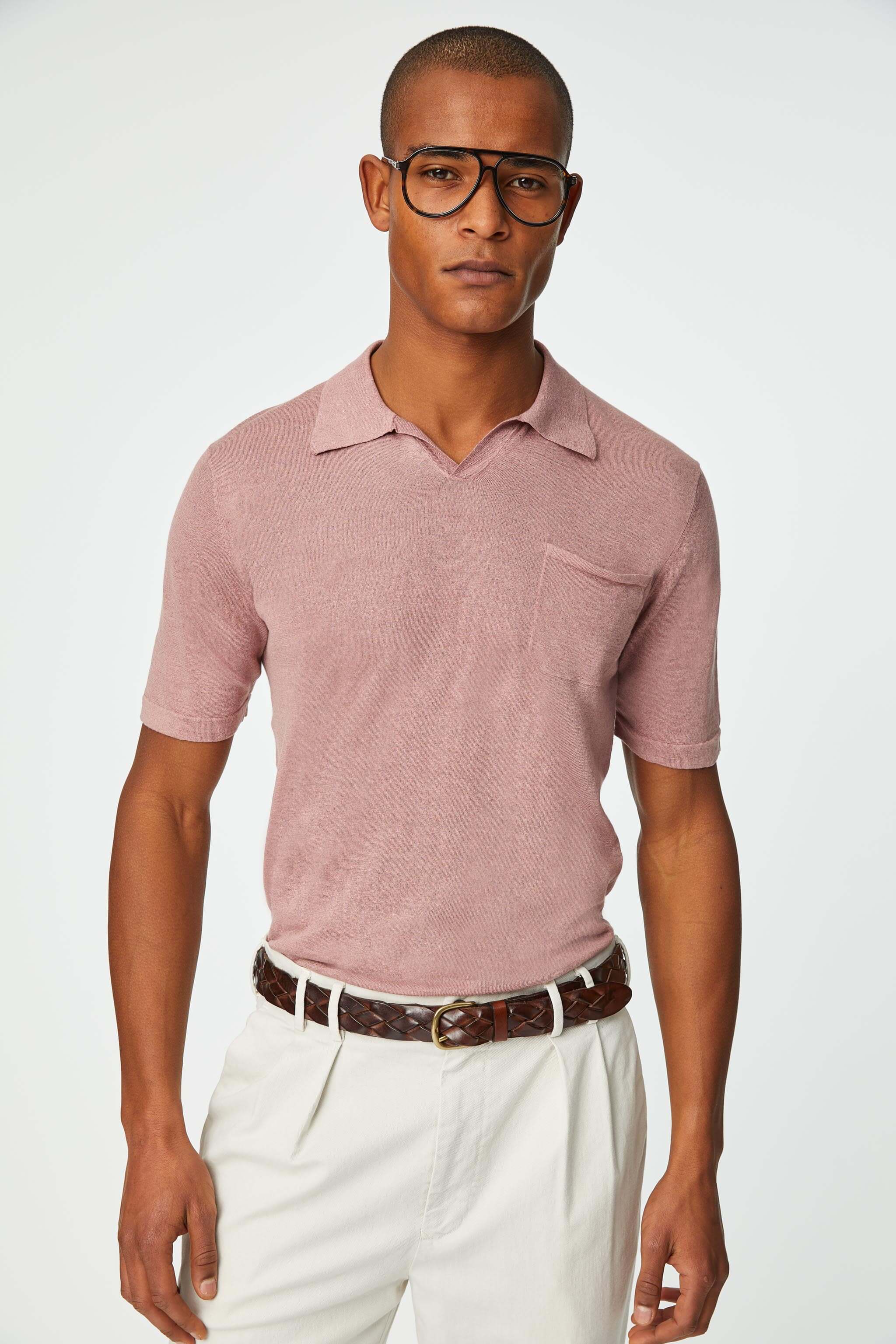 Linen and cotton Short-sleeve pink Polo with pocket