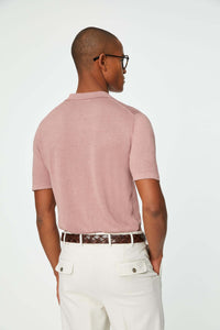 Linen and cotton short-sleeve pink polo with pocket pink