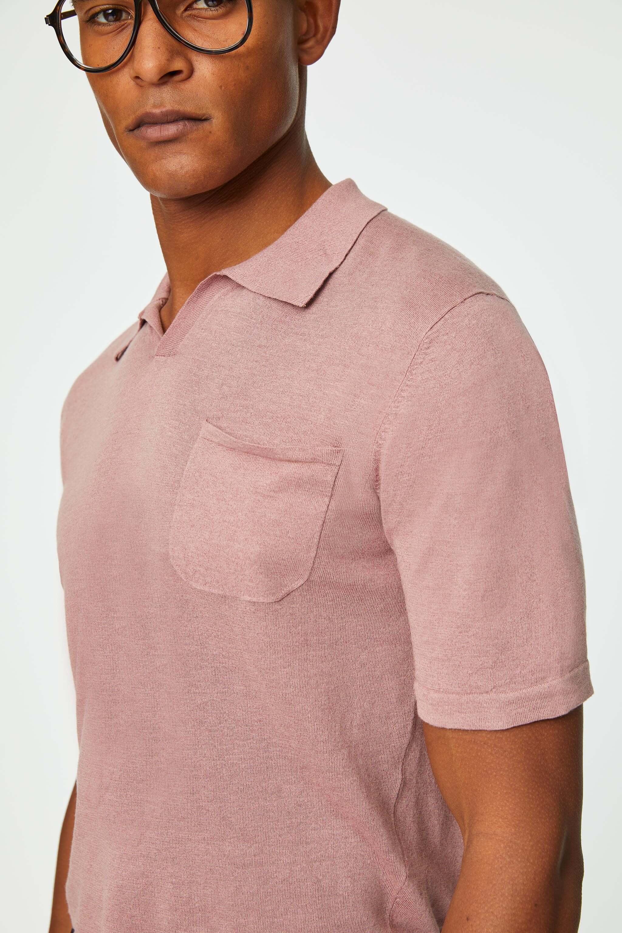 Linen and cotton Short-sleeve pink Polo with pocket
