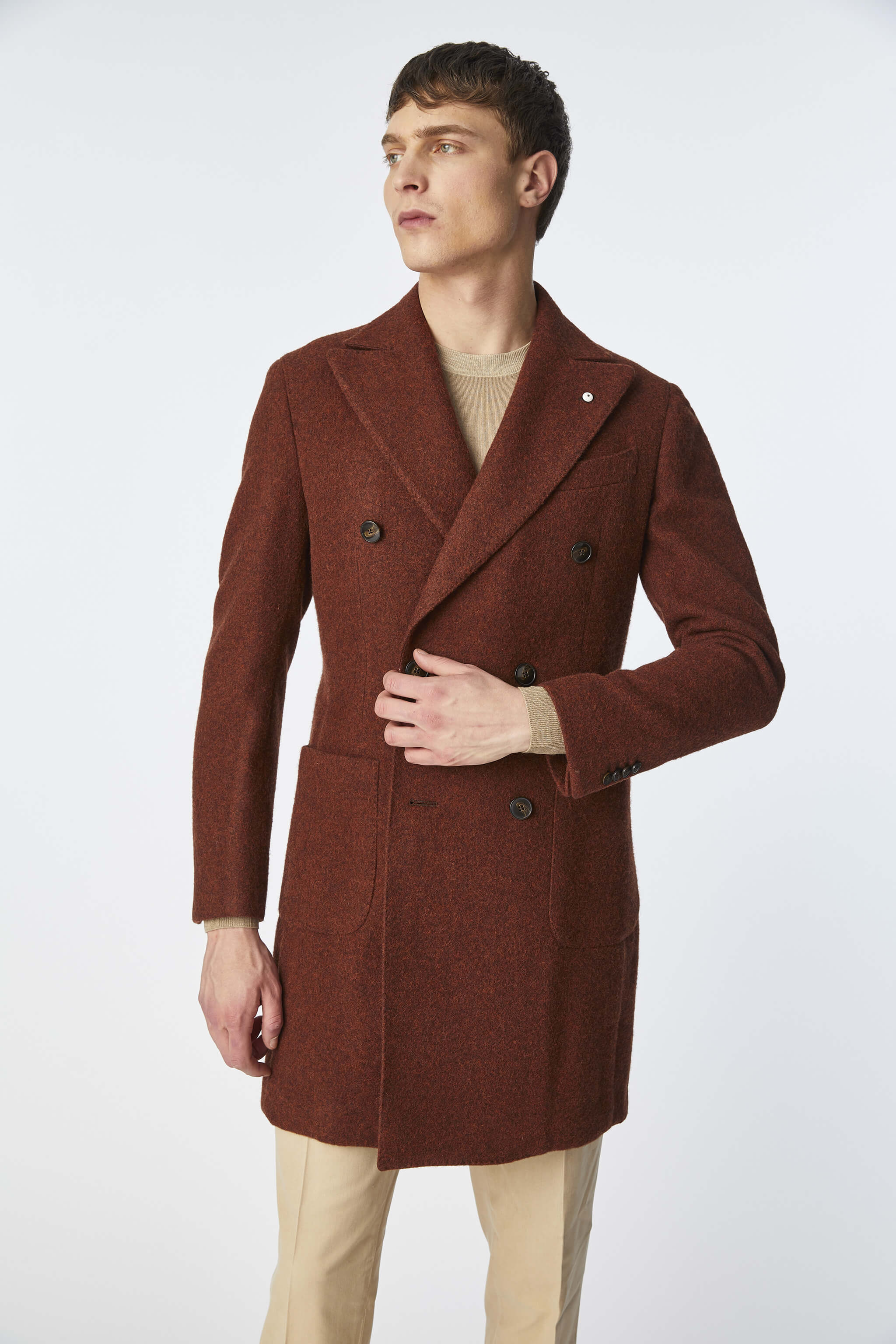Double-breasted coat in burnt brown