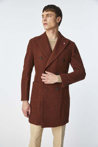 Double-breasted coat in burnt brown brick