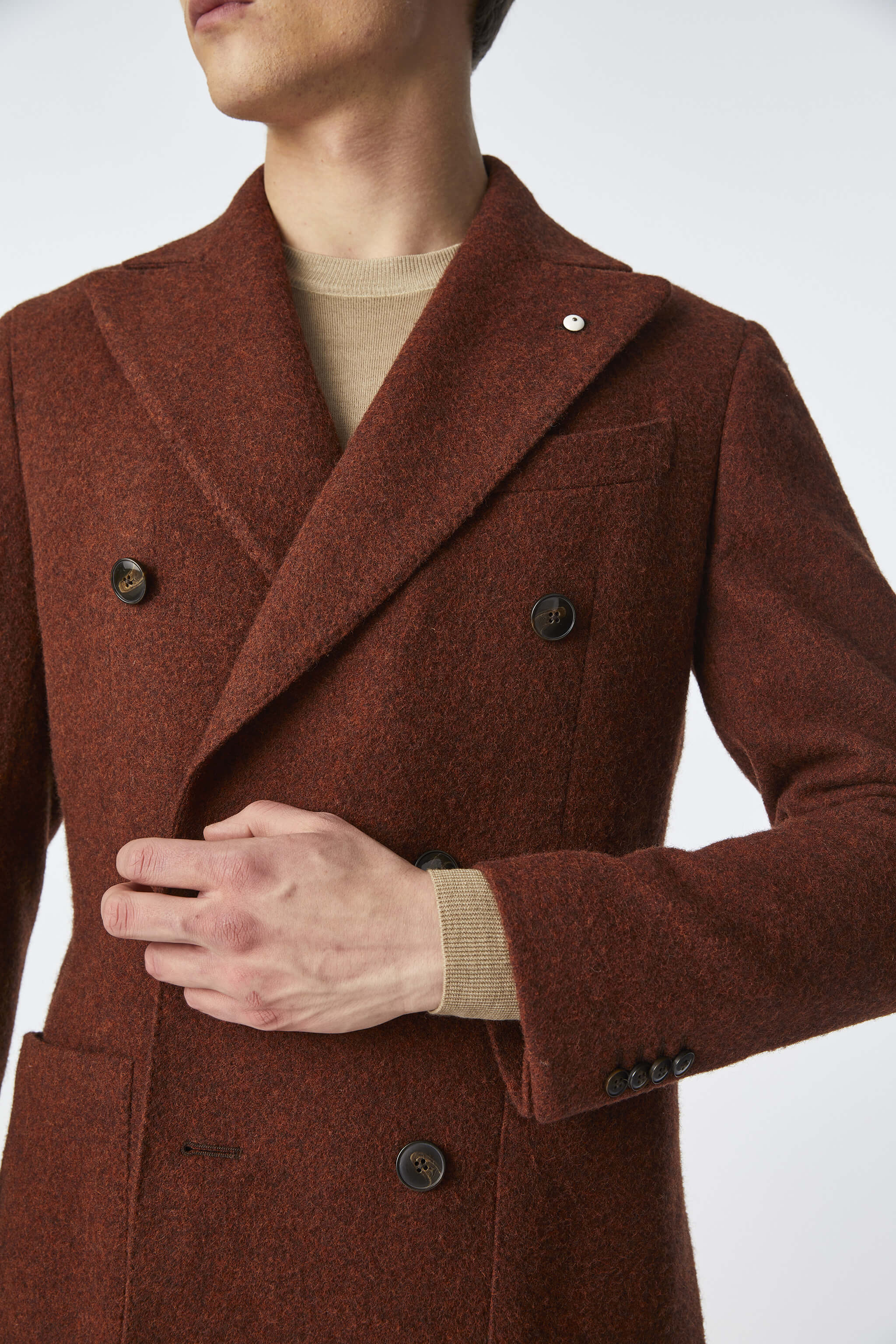 Double-breasted coat in burnt brown