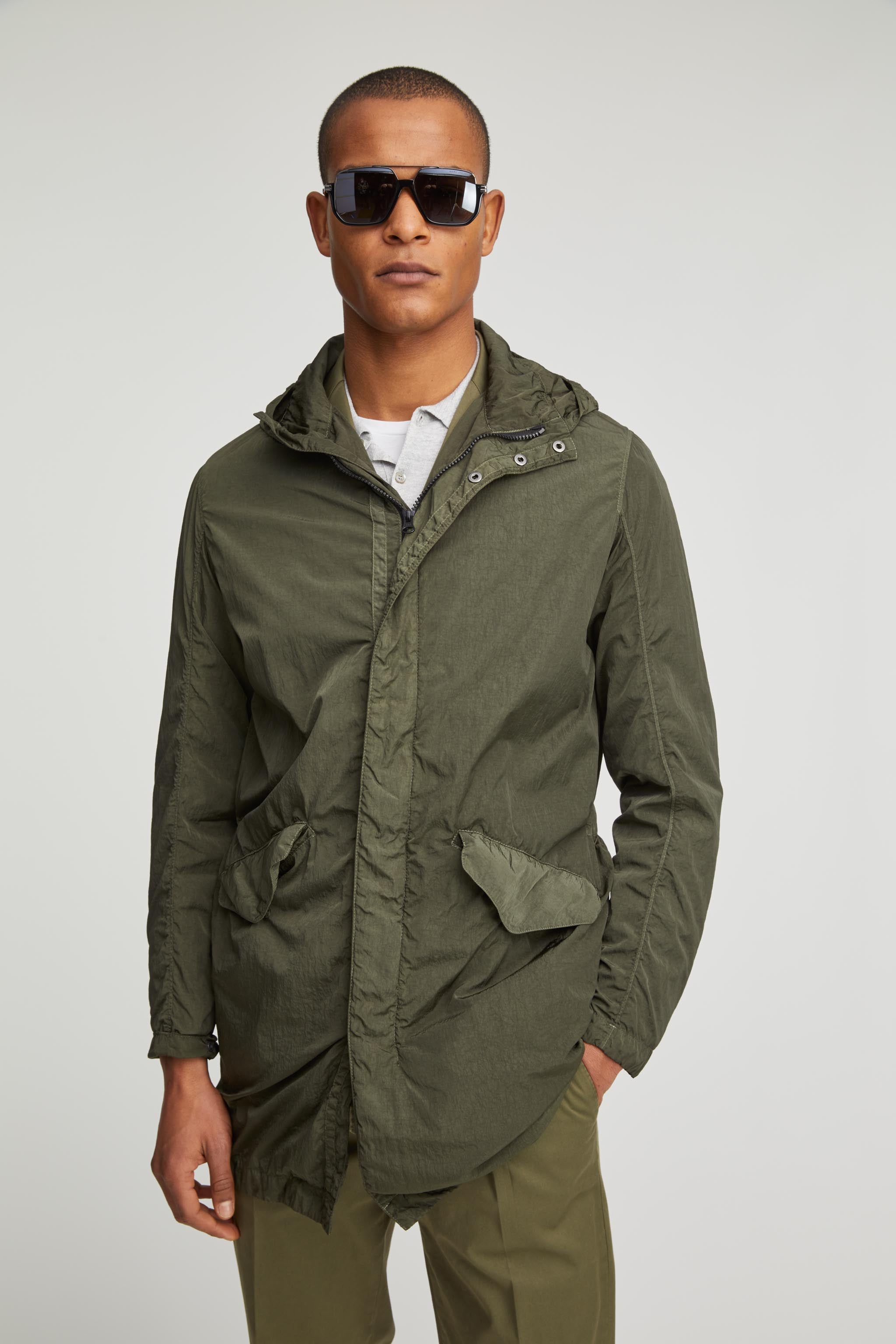 Nylon parka garment dyed