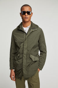 Nylon parka garment dyed dark green