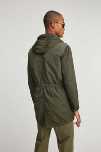 Nylon parka garment dyed dark green