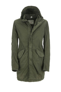 Nylon parka garment dyed dark green