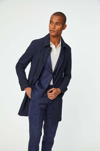 Blue trench coat in technical jersey blue