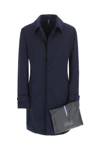 Blue trench coat in technical jersey blue